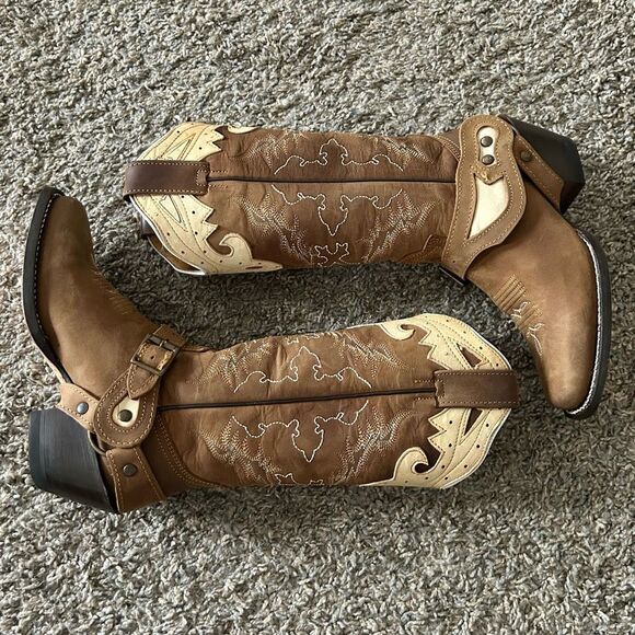 Minotauro Western Leather Cowgirl Boots Brown & Cream Size 6.5 NEW in Box - Picture 5 of 16